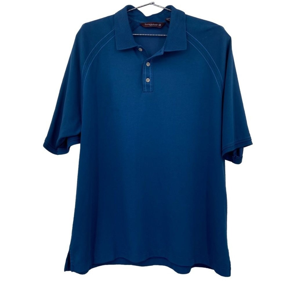 Tommy Bahama Golf 18 Mens XL Blue Short Sleeve Polo Shirt Raglan Contrast Stitch